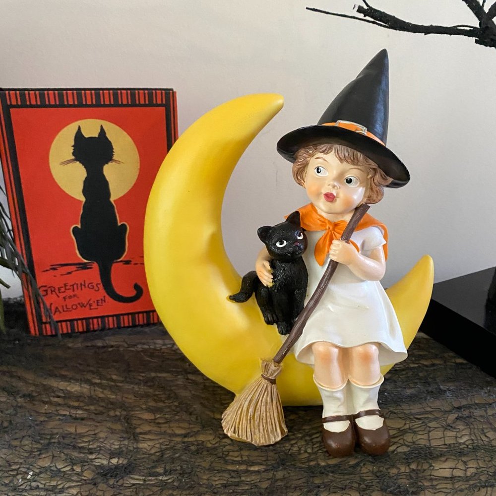 Halloween Girl Witch Sitting On Moon Black Cat Figurine Vintage Style Retro NEW